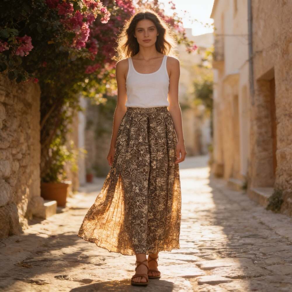 Vintage Lee Miwon Creator Boho Brown Floral Print Midi Skirt with Side Splits